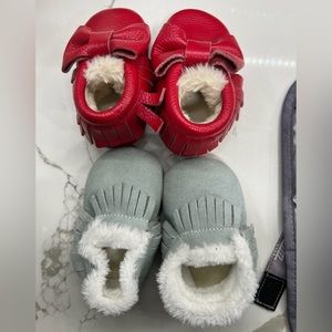 Two pairs baby fur lines moccasin hard sole